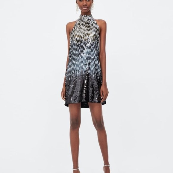 NWT Zara Knit Ombre Sequin Halter Dress size M - Picture 4 of 14